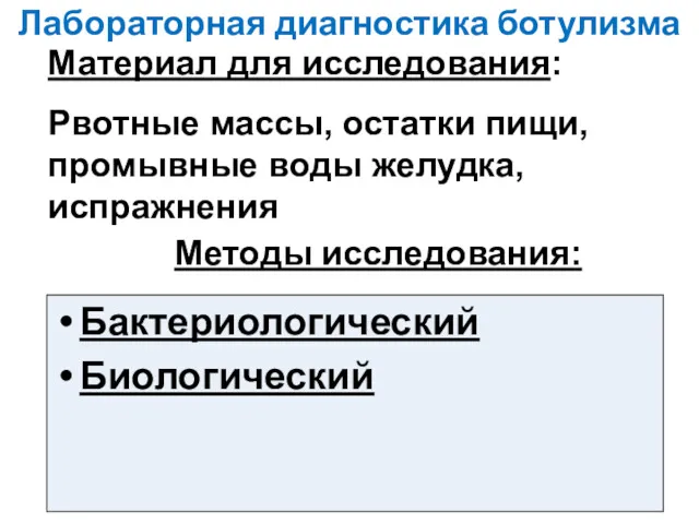 Лабораторная диагностика ботулизма Бактериологический Биологический Материал для исследования: Рвотные массы,