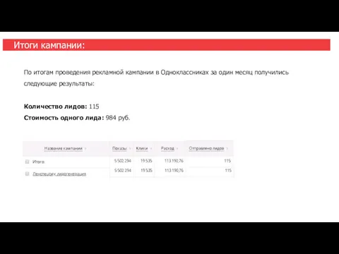 Итоги кампании: По итогам проведения рекламной кампании в Одноклассниках за