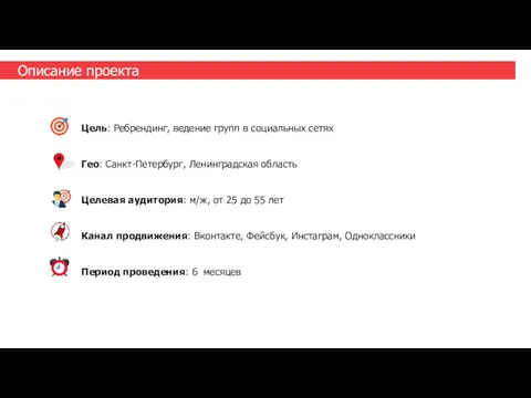 Описание проекта Цель: Ребрендинг, ведение групп в социальных сетях Гео: Санкт-Петербург, Ленинградская область