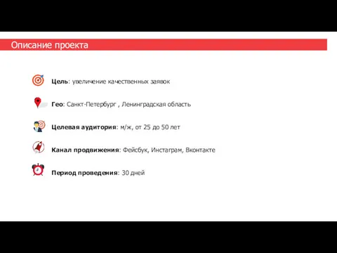 Описание проекта Цель: увеличение качественных заявок Гео: Санкт-Петербург , Ленинградская область Целевая аудитория: