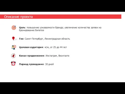 Описание проекта Цель: повышение узнаваемости бренда; увеличение количества заявок на