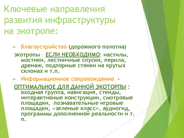 Ключевые направления развития инфраструктуры на экотропе: Благоустройство (дорожного полотна) экотропы