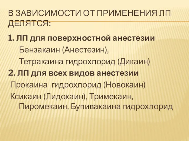 В ЗАВИСИМОСТИ ОТ ПРИМЕНЕНИЯ ЛП ДЕЛЯТСЯ: 1. ЛП для поверхностной