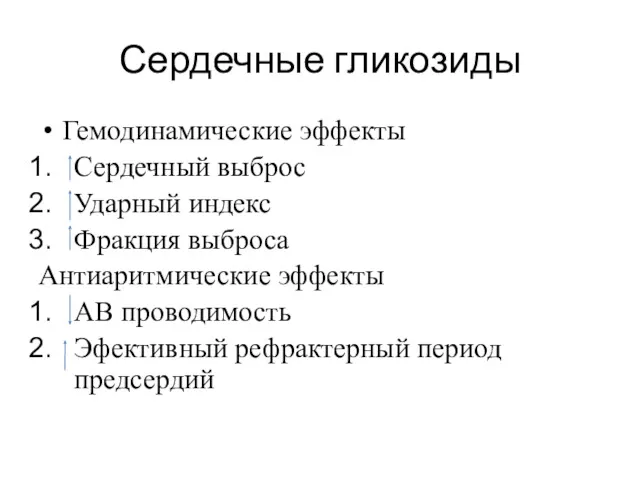 Сердечные гликозиды Гемодинамические эффекты Сердечный выброс Ударный индекс Фракция выброса