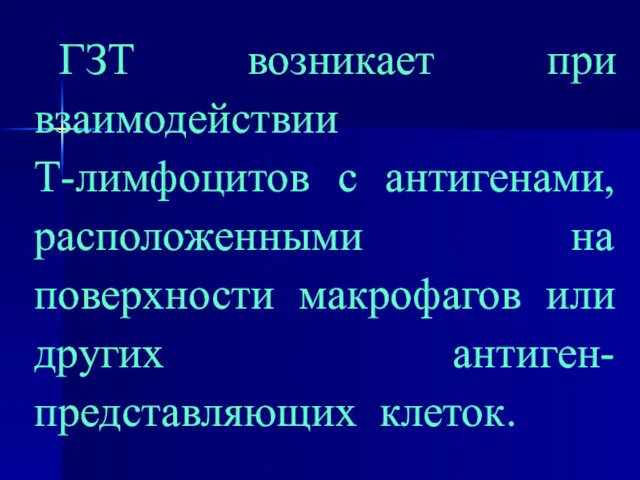 ГЗТ возникает при взаимодействии Т-лимфоцитов с антигенами, расположенными на поверхности макрофагов или других антиген-представляющих клеток.