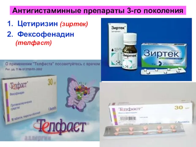 Антигистаминные препараты 3-го поколения Цетиризин (зиртек) Фексофенадин (телфаст)
