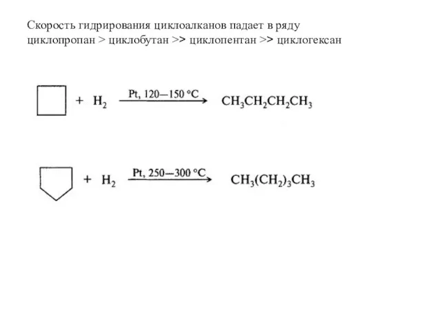 Скорость гидрирования циклоалканов падает в ряду циклопропан > циклобутан >> циклопентан >> циклогексан