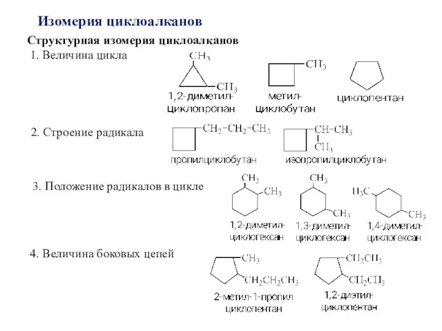 Изомерия циклоалканов Структурная изомерия циклоалканов 1. Величина цикла 2. Строение