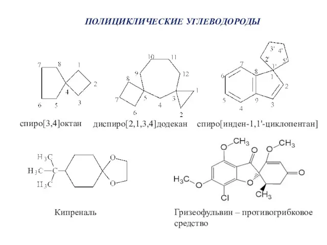 ПОЛИЦИКЛИЧЕСКИЕ УГЛЕВОДОРОДЫ спиро[3,4]октан диспиро[2,1,3,4]додекан спиро[инден-1,1'-циклопентан] Кипреналь Гризеофульвин – противогрибковое средство