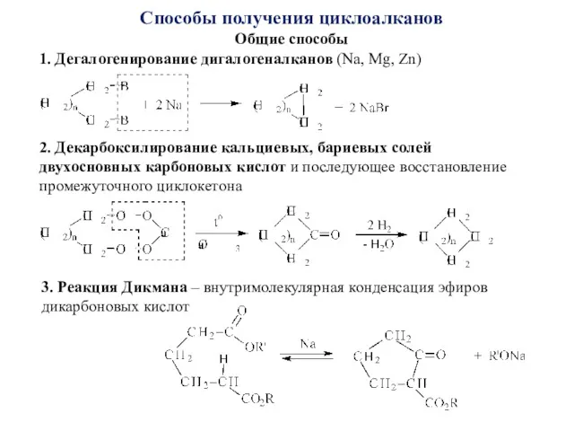 Способы получения циклоалканов Общие способы 1. Дегалогенирование дигалогеналканов (Na, Mg,