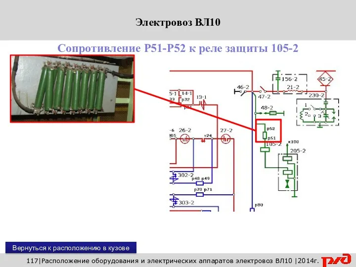 117|Расположение оборудования и электрических аппаратов электровоз ВЛ10 |2014г. Сопротивление Р51-Р52
