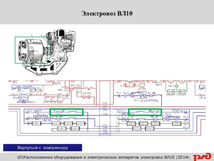 Вернуться к компрессору 10|Расположение оборудования и электрических аппаратов электровоз ВЛ10 |2014г.