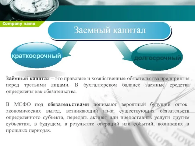 Заемный капитал Заёмный капитал – это правовые и хозяйственные обязательства