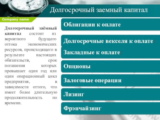 Долгосрочный заемный капитал Долгосрочный заёмный капитал состоит из вероятного будущего