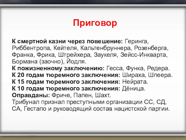 Приговор К смертной казни через повешение: Геринга, Риббентропа, Кейтеля, Кальтенбруннера,