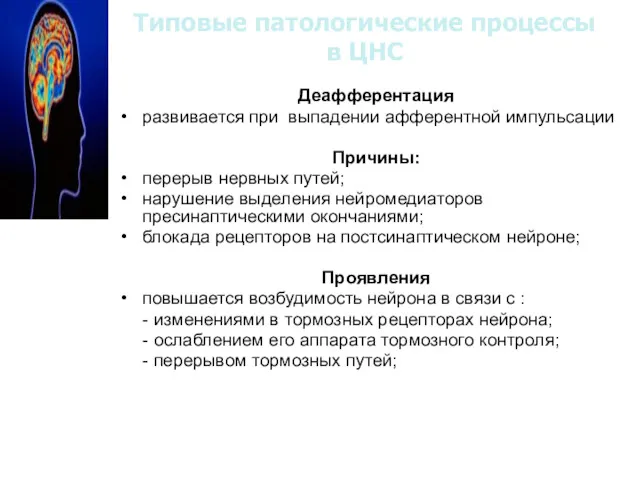 Типовые патологические процессы в ЦНС Деафферентация развивается при выпадении афферентной