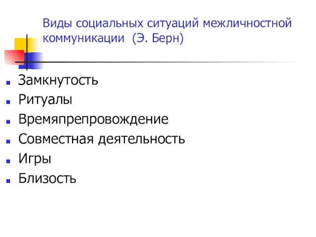 Виды социальных ситуаций межличностной коммуникации (Э. Берн) Замкнутость Ритуалы Времяпрепровождение Совместная деятельность Игры Близость