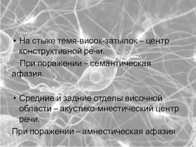 На стыке темя-висок-затылок – центр конструктивной речи. При поражении –