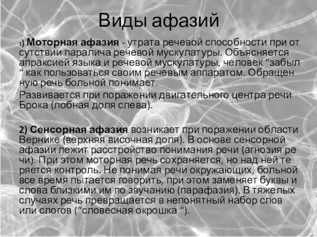 Виды афазий 1) Мо­тор­ная афа­зия - ут­ра­та ре­че­вой спо­соб­но­сти при