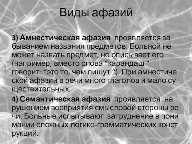 3) Ам­не­сти­че­ская афа­зия про­яв­ля­ет­ся за­бы­ва­ни­ем на­зва­ния пред­ме­тов. Боль­ной не мо­жет