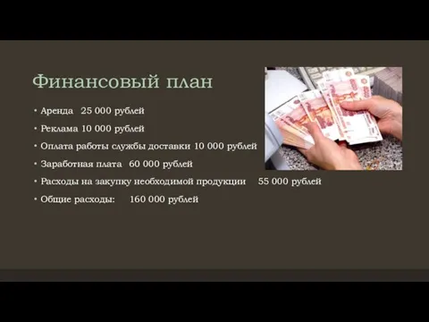 Финансовый план Аренда 25 000 рублей Реклама 10 000 рублей Оплата работы службы