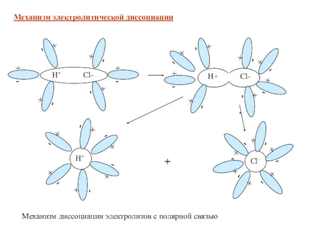 + - Механизм диссоциации электролитов с полярной связью Механизм электролитической диссоциации