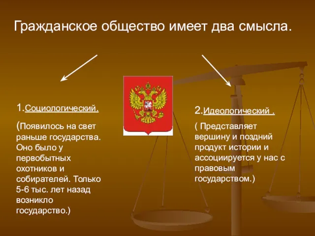 Гражданское общество имеет два смысла. 1.Социологический. (Появилось на свет раньше