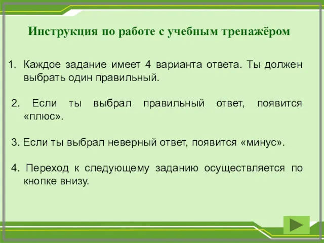 Инструкция по работе с учебным тренажёром Каждое задание имеет 4