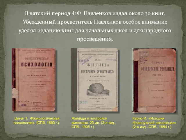 В вятский период Ф.Ф. Павленков издал около 30 книг. Убежденный