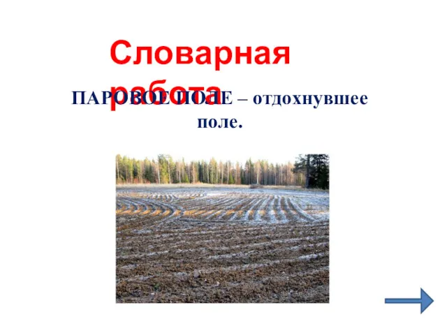 Словарная работа ПАРОВОЕ ПОЛЕ – отдохнувшее поле.