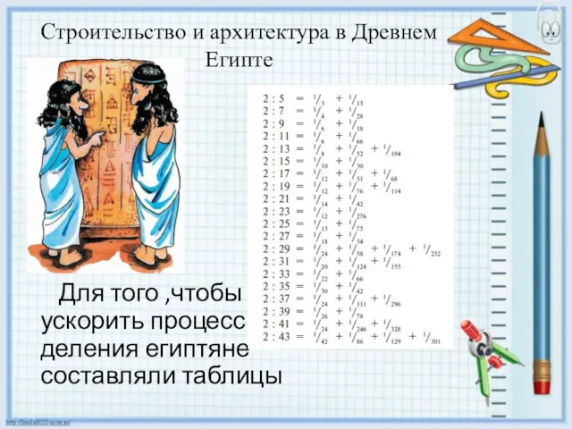 Строительство и архитектура в Древнем Египте Для того ,чтобы ускорить процесс деления египтяне составляли таблицы