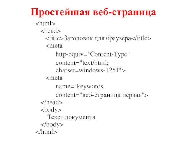 Простейшая веб-страница Заголовок для браузера http-equiv="Content-Type" content="text/html; charset=windows-1251"> name="keywords" content="веб-страница первая"> Текст документа