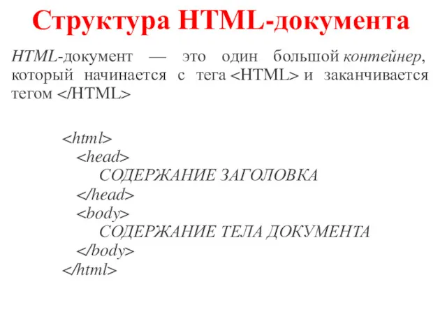 Структура HTML-документа HTML-документ — это один большой контейнер, который начинается