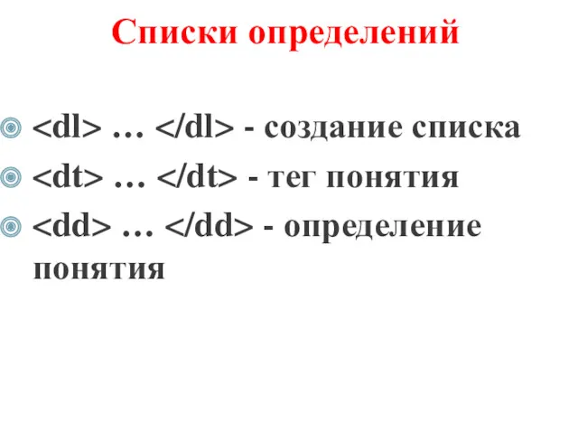 Списки определений … - создание списка … - тег понятия … - определение понятия