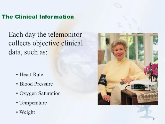 Each day the telemonitor collects objective clinical data, such as: