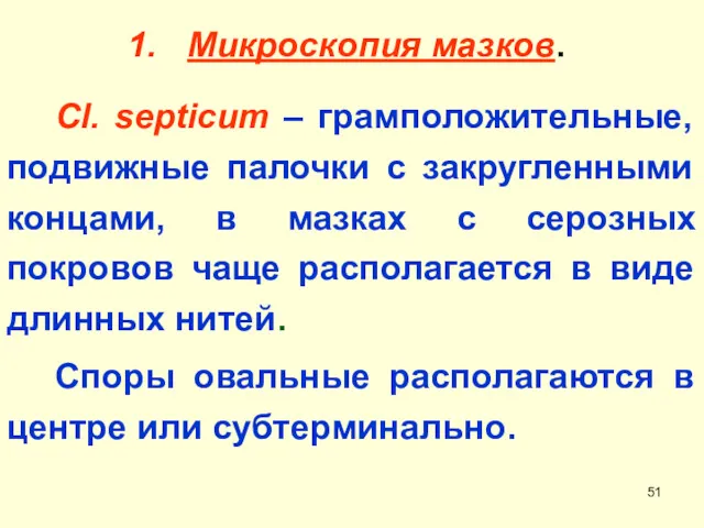 Микроскопия мазков. Cl. septicum – грамположительные, подвижные палочки с закругленными