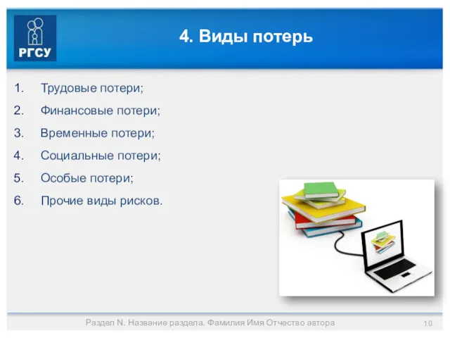 4. Виды потерь Трудовые потери; Финансовые потери; Временные потери; Социальные