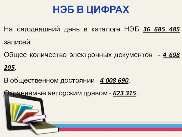 НЭБ В ЦИФРАХ На сегодняшний день в каталоге НЭБ 36