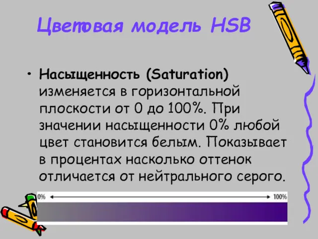 Цветовая модель HSB Насыщенность (Saturation) изменяется в горизонтальной плоскости от