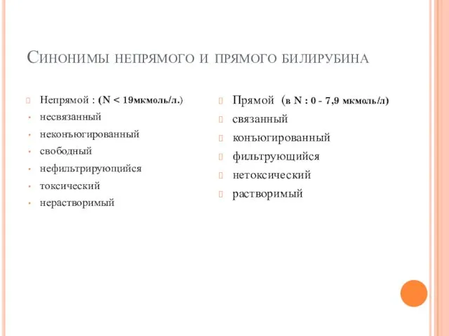 Синонимы непрямого и прямого билирубина Непрямой : (N несвязанный неконъюгированный