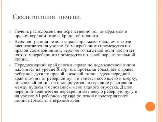 Скелетотопия печени. Печень расположена непосредственно под диафрагмой в правом верхнем