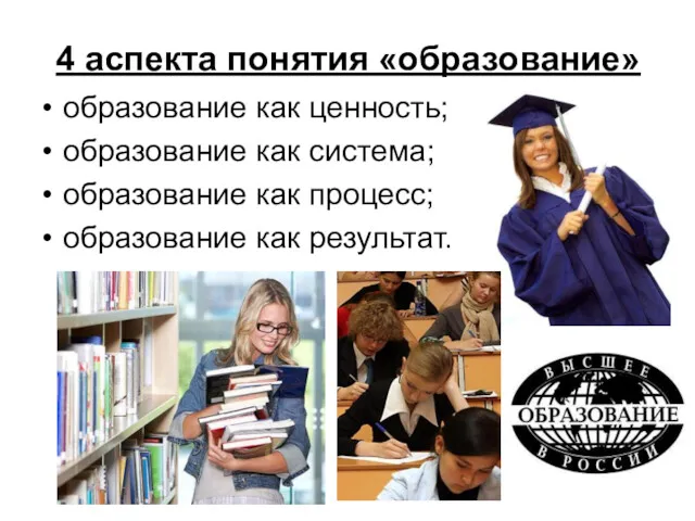 4 аспекта понятия «образование» образование как ценность; образование как система; образование как процесс; образование как результат.