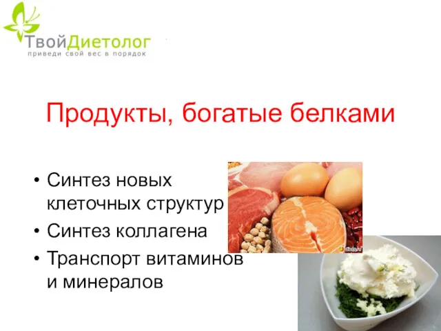 Продукты, богатые белками Синтез новых клеточных структур Синтез коллагена Транспорт витаминов и минералов