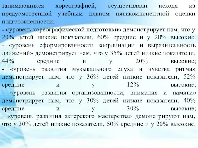 2. Анализ психофизического состояния детей 8-9 лет, занимающихся хореографией, осуществляли