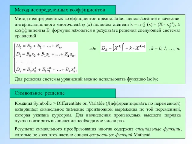 Метод неопределенных коэффициентов предполагает использование в качестве интерполяционного многочлена φ