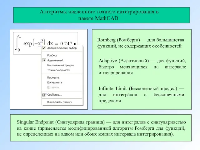 Алгоритмы численного точного интегрирования в пакете MathCAD