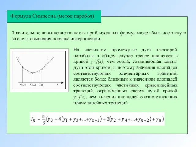 Формула Симпсона (метод парабол) Значительное повышение точности приближенных формул может