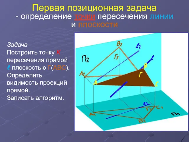 Первая позиционная задача - определение точки пересечения линии и плоскости