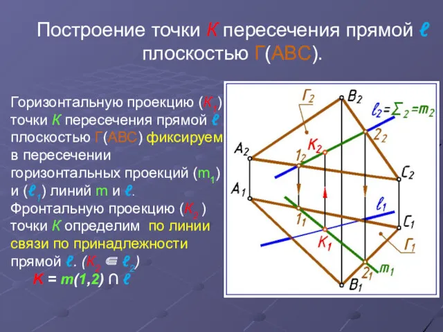 Построение точки К пересечения прямой ℓ плоскостью Г(АВС). Горизонтальную проекцию