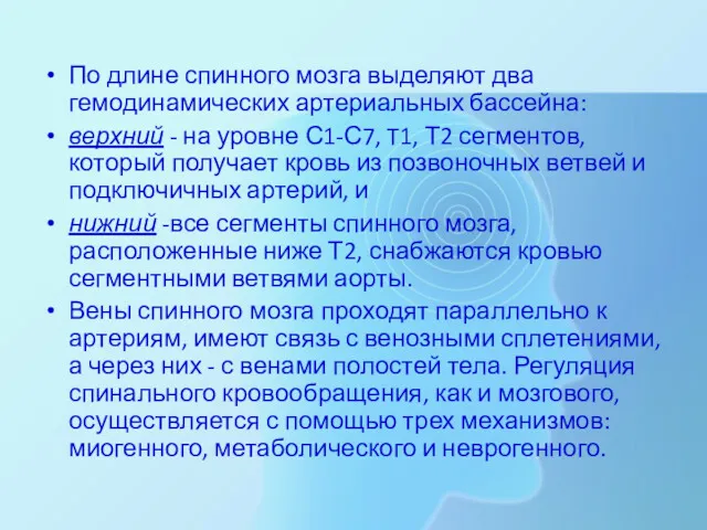 По длине спинного мозга выделяют два гемодинамических артериальных бассейна: верхний